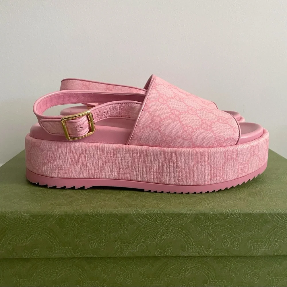 Gucci Angelina Pink GG Supreme Coated Canvas Slingback Platform Sandals 38 - Picture 5 of 16